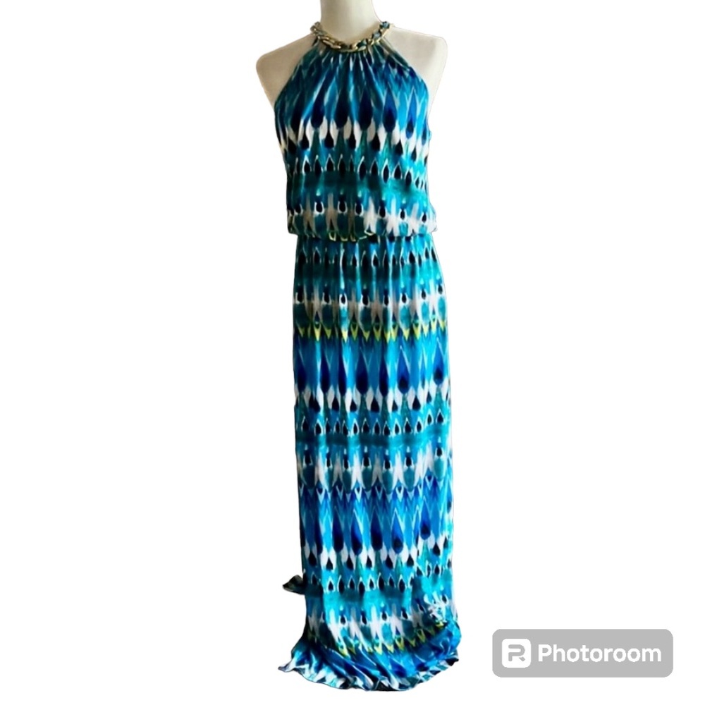 Dressbarn Blue Halter Gold Chain Sleeveless Blouson Maxi Dress Size 4